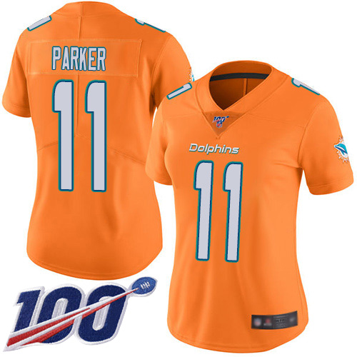 Nike Miami Dolphins #11 DeVante Parker Orange Women Stitched NFL Limited Rush 100th Season Jersey->women nfl jersey->Women Jersey